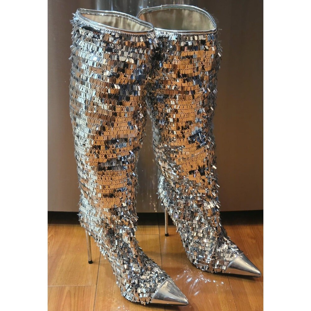 Steve Madden Panther Silver Sequin Knee High Stiletto Boots Pointed Toe Size 9M